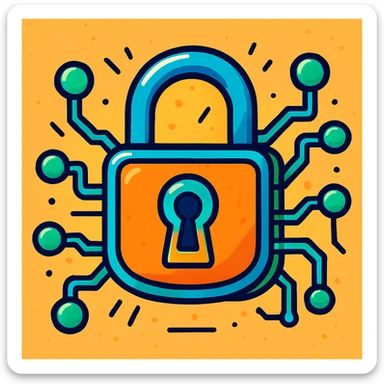 cybersecurity, padlock with circuit lines, vibrant toon style sticker