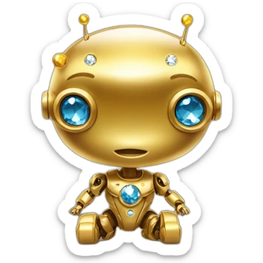 a golden baby robot with diamons sticker
