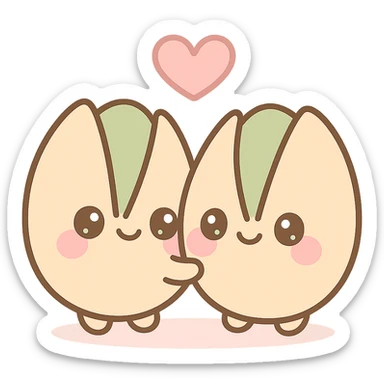 a pair of pistachios hugging, kawaii style, adorable faces, soft colors, heart above them sticker