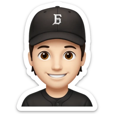 male, dark brown hair, dark brown eyes, fair skin, black baseball hat sticker