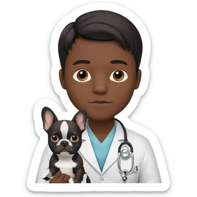 joven médico con el pelo un poco largo pero no tanto y lacio, que tenga un estetoscopio de color de piel tez negra calida !!! que sostiene un bulldog francés blanco y negro  sticker