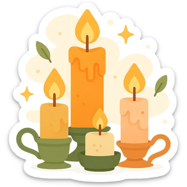 Several cute, glowing candles with flickering flames, set in a cozy and magical atmosphere, designed in a soft color palette: golden orange (FA9B41), deep forest green (4A7C5C), warm taupe brown (96775A), and pastel peach (FFCC9A). The candles are in delicate, slightly vintage holders, with the flames casting a gentle, warm glow. The wax is in shades of golden orange and peach, with subtle gradients, and small decorative patterns or tiny sparkles around them. The soft light from the candles creates a dreamy, enchanting ambiance, surrounded by tiny floating leaves or soft mist. The overall mood is serene, inviting, and magical. sticker