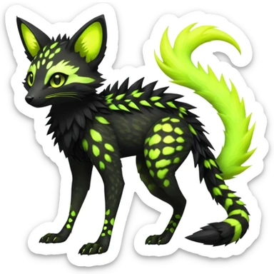 Rare realistic black edgy toxic radioactive-themed black fur with neon-lime-green-glowing  epic handsome gorgeous aesthetic vibrant Vernid-Trico-Genet-species-hybrid-Fakemon-creature by LiLaiRa, 4 legs, 1 tail, random markings, (full body) with spikes on the back sticker