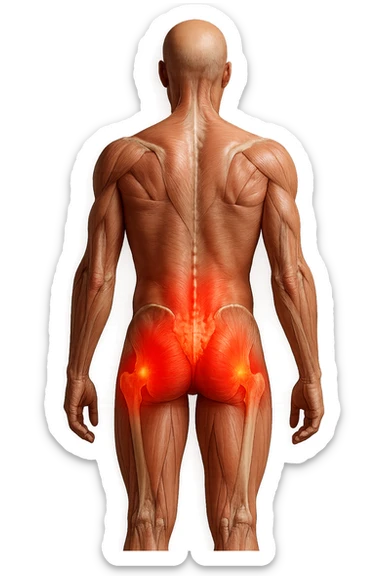 CORPO UMANO ANATOMICO A FIGURA INTERA REALISTICO DI SPALLE CON DOLORE ALLA LOMBARE INFIAMMATA, DOLORE ALL'ANCA, IPERREALISTICO 4K sticker