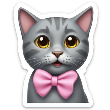 A grey cat with a pink bow blows a kiss sticker