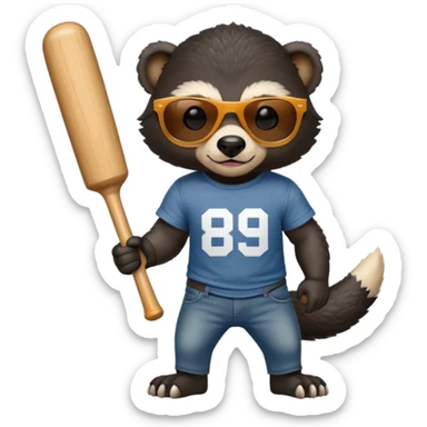 mischievous anthropomorphised honey badger in jeans and a t-shirt, wearing sunglasses, holding a baseball bat over shoulder sticker