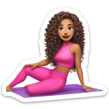 a gorgeous mixed girl with long curly hair to the floor doing pilates in an all pink outfit on a white mat, she has full lips and long eyelashes sticker