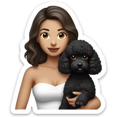 Brunette straight hair girl , in white strapless top holding a black toy poodle sticker