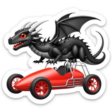 Special air-cooled three-cylinder race car whose frame and suspension is made of shopping cart material with a large gas tank, and rear spoiler, is being tested by a small black dragon  sticker