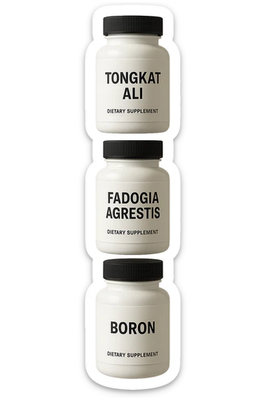 4 boccette di integratore: Tongkat Ali, Fadogia Agrestis, Boron e Zinco fluttuano in aria verticalmente sticker