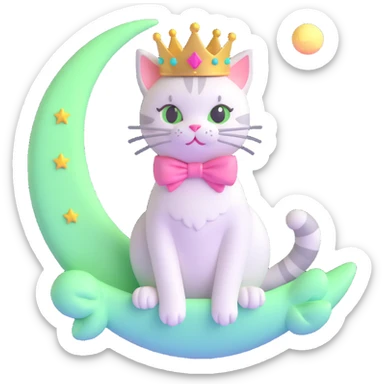Enhance the moon to be more pastel with brighter, light green colors in a 3D style. The cat with a pink bow and crown is sitting on the moon. Keep the background transparent as requested. sticker