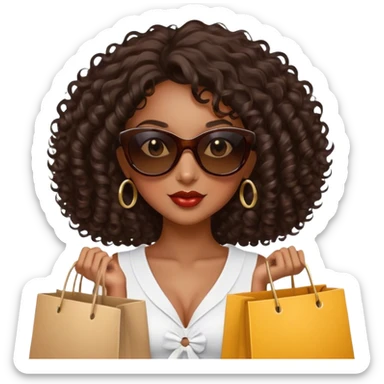 Rich dark brown girl with dark brown mid-length curly hair expensive retail shopping bags and sunglasses sticker
