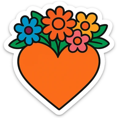 an orange heart with a crown of colorful flowers, vibrant toon style, bold and colorful sticker