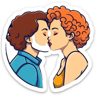 curly haired girl kissing a man with a beard, romantic couple kiss sticker