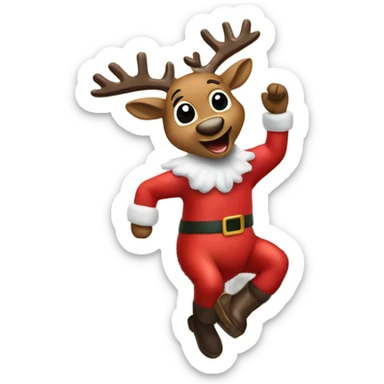 rudolph in a santa costume jumping over a log sticker
