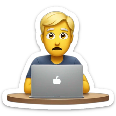 A confused man with a question mark and a laptop sticker