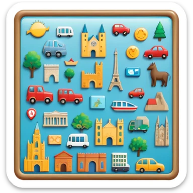 Icon for Magnet Collecting: a magnetic board on a wall displaying a collection of various magnets from different places, featuring cities, animals, and symbols. The icon should evoke the joy and uniqueness of a diverse magnet collection. Transparent background. sticker