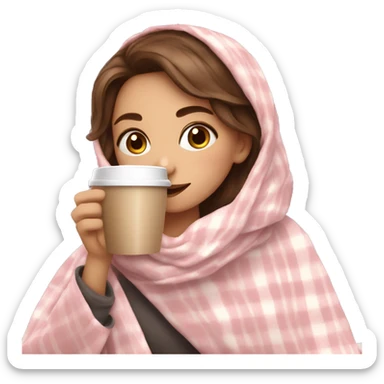 cute  brown hair girl wrapped in pastel pink plaid blanket drinking coffee sticker