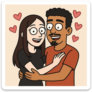 cartoon couple, pale girl with long straight dark brown hair no facial hair, tan boy with short black curly hair, small goatee and separate mustache, surrounded by pink hearts sticker