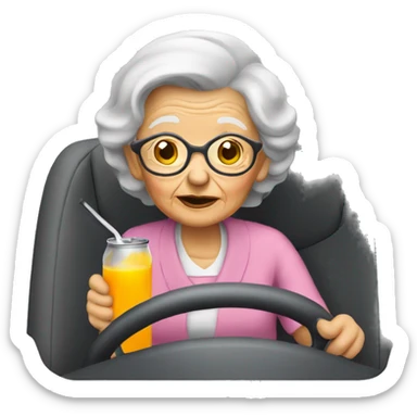 A old woman driving while drinking a can of juice sticker