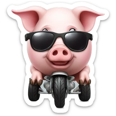 Pig wearing sunglasses and a motorbike helmet sticker