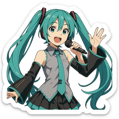 Hatsune Miku, performing on stage, holding a microphone, teal hair, lively expression sticker