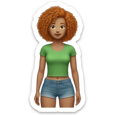Curly Ginger woman, green crop top, blue shorts, light skin sticker
