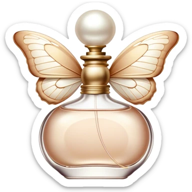 A delicate butterfly with wings in soft beige and pearl hues, resting gently on a vintage perfume bottle.
 sticker