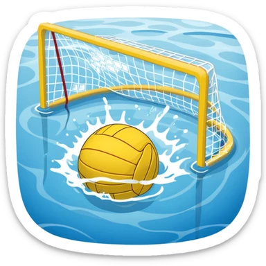 An icon featuring a yellow water polo ball floating on the water with goals in the background, inside a swimming pool. The design includes splashes and ripples, symbolizing the fast-paced action and strategy of water polo. Transparent background highlights. sticker