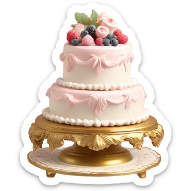 aesthetic vintage rococo cake with white icing, berries on a gold, pale pink, and white ceramic plate stand  sticker