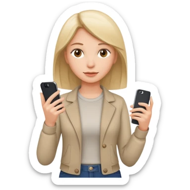 woman casual clothes holding just one phone in one hand and the other hand empty sticker