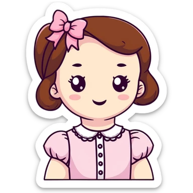pale skin coquette girl with brown hair, pink bows, lace, pearls, dainty sticker