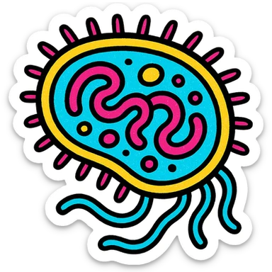 cartoon bacteria cutaway, colorful internal structures, vivid pop color palette sticker