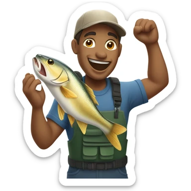 Mixed-race Fisherman holding big fish saying awesome sticker