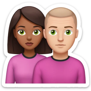a couple. black woman with long brown hair and a white man with a buzz cut and green eyes. she’s wearing pink  sticker