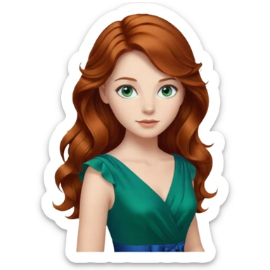 Long wavy Auburn hair woman BLUE eyes wearing green dress sticker