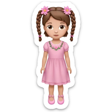 Boneca muito baixa e pequena de cabelo castanho com 2 tranças e uma flor rosa do lado esquerdo usado um vestido rosa claro e sapatinhos rosa sticker