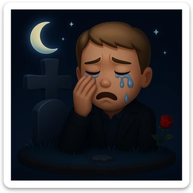 Make the scene night time with a man crying over a grave in the style of apple emojis. Focus on the night atmosphere and emotional expression, keeping the emoji style look. sticker