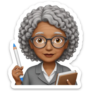 old woman teacher, brown skin, curly grey hai, wearing glasses, hold chalk on hand sticker