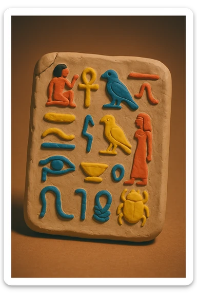 a clay tablet with ancient Egyptian hieroglyphics, slightly cracked edges, soft lighting sticker
