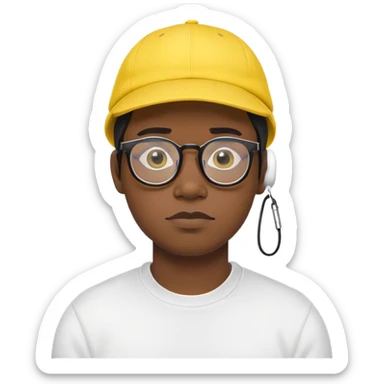 "- Nam
- 30 tuổi
- Da đen
- Đội mũ lưỡi trai vàng
- Đeo kính, airpod
- Mặt buồn
" sticker