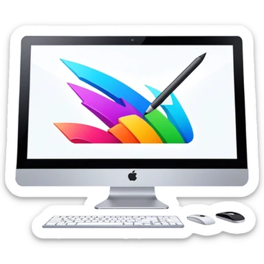 Computer graphics icon, large monitor with graphic design software open, graphic tablet, stylus, vibrant colors, minimalistic style, clean lines, transparent background. sticker