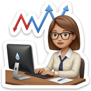 A person sitting at a desk working and looking at a computer with upward arrows and percentage signs, suggesting digital sales, marketing, or outreach. sticker