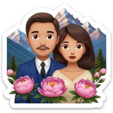 Couple traveling in Montenegro russian man and elegant  Latina girl delicate peonies and mountains in the background  sticker