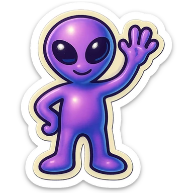 retro sticker of a purple alien waving, bold outlines, vintage sticker style sticker