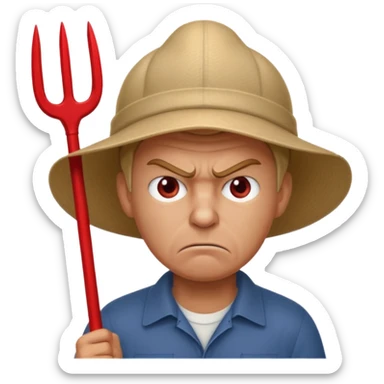 Angry man with a pitchfork and a cap that has a no symbol sticker