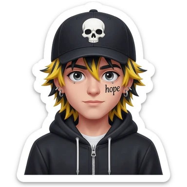 boy japan spiky long  yellow black hair, hoodie zip skullcap wear piercings tatto "hope" sticker