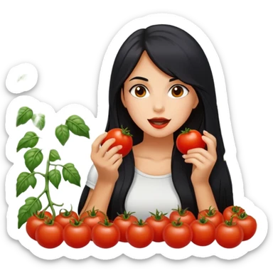 Pretty tanned girl with long black hair, eating tomatoes sticker