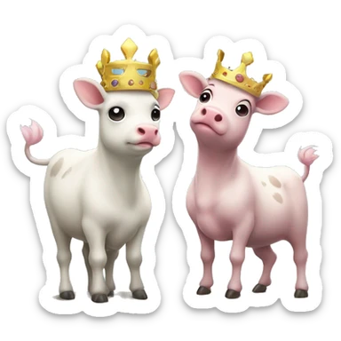 a galarian corsola and a cow each wearing crowns atop a pedestal while looking content with each other sticker