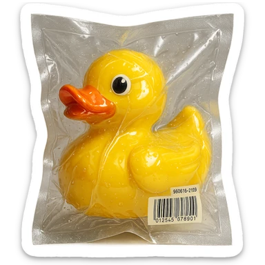 vacuum-sealed rubber duck, shiny and squished in clear plastic packaging sticker
